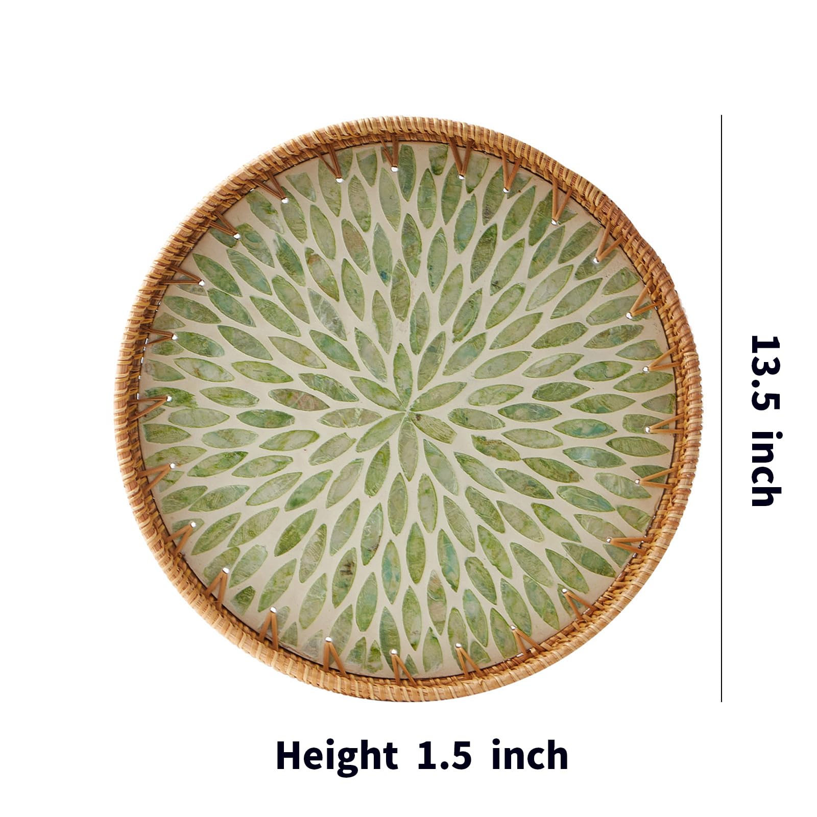 Round Rattan Tray with Mother of Pearl Inlay, Rattan Serving Tray with Wooden Base, Decorative Wicker Basket for Table Decor, Storage and Display of Coffee Bread Food Fruit (Leaf 13.5")