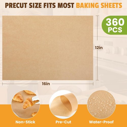 CAREGY Unbleached Parchment Paper Sheets - 360 Pcs, 12 x 16 Inch, Non-Stick for Baking & Cooking