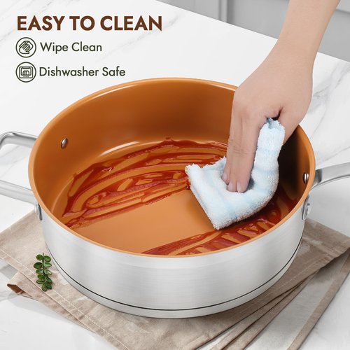 duxtop pro Ceramic Saute Pan with Lid, 5.5QT Nonstick Frying Pan without PFAS, PTFE, or PFOA, Stainless Steel Base Deep Skillet for All Cooktops, Oven & Dishwasher Compatible