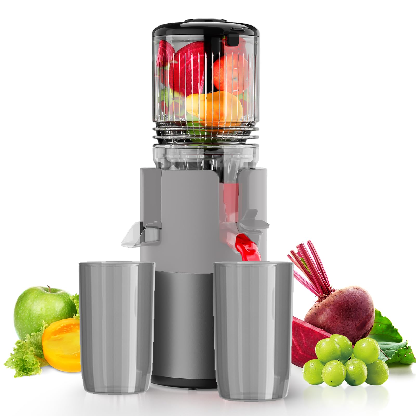 Cold Press Juicer, Juicer Machines with Cups, BPA-Free, Easy to Clean, Grey