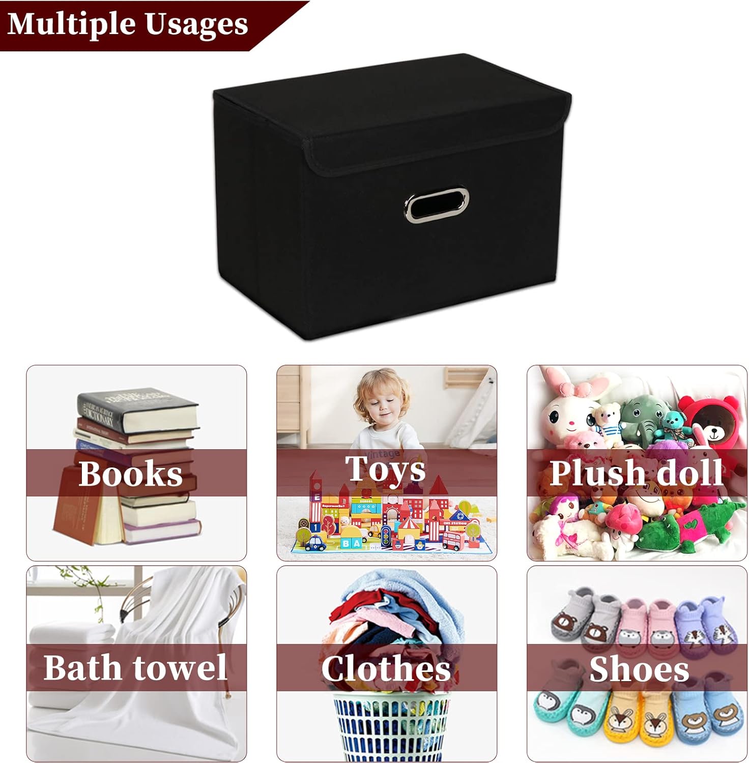 STOREONE Fabric Storage Cube Bins - Foldable Organizer with Lids & Metal Handles | Black, Set of 3