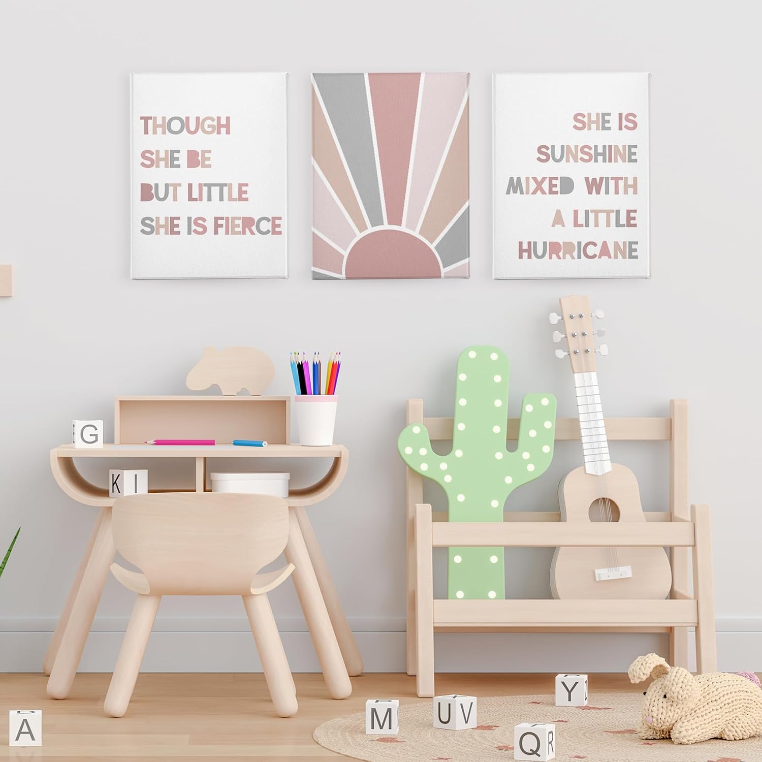 PHAMTE Boho Girls Bedroom Wall Art Set - She Is Sunshine Canvas Prints | Framed Decor (11x14 Inch)