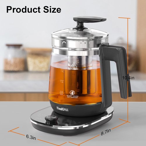 ICOOKPOT Glass Electric Kettle with Tea Infuser – 1.5L Stainless Steel, 1200W Rapid Boil, Temp & Programmable Control for Teas/Coffee – Black