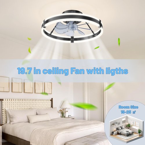 Low Profile Bladeless Ceiling Fan with Lights & Remote - 19.7" Flush Mount Fandelier Light Fan for Bedroom/Kitchen, 3000-6000K Dimmable LED, 6-Speed Modern Fan with Lights for Home/Office