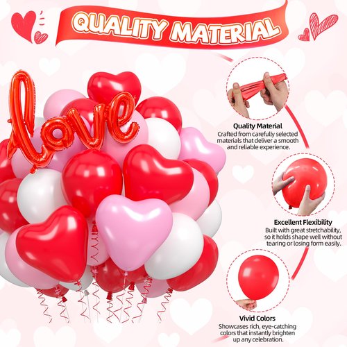 60pcs Red and Pink Balloons, Red Pink Heart Latex Balloons, Matte White Balloon Love Shaped Foil Balloon For Valentine's Day Birthday Baby Shower Party Wedding Bridal Shower Engagement Decorations