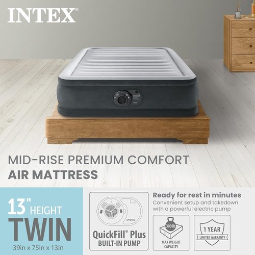 Intex Dura-Beam Deluxe Comfort-Plush Air Mattress - Twin Size with Built-in Electric Pump | 13in Height, 300lb Capacity