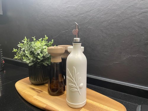 Lurockie 20 Oz Ceramic Olive Oil Dispenser Bottle, with Stainless Steel Spout & Funnel, Ideal for Oil, Vinegar, Coffee Syrup & Liquids (White)