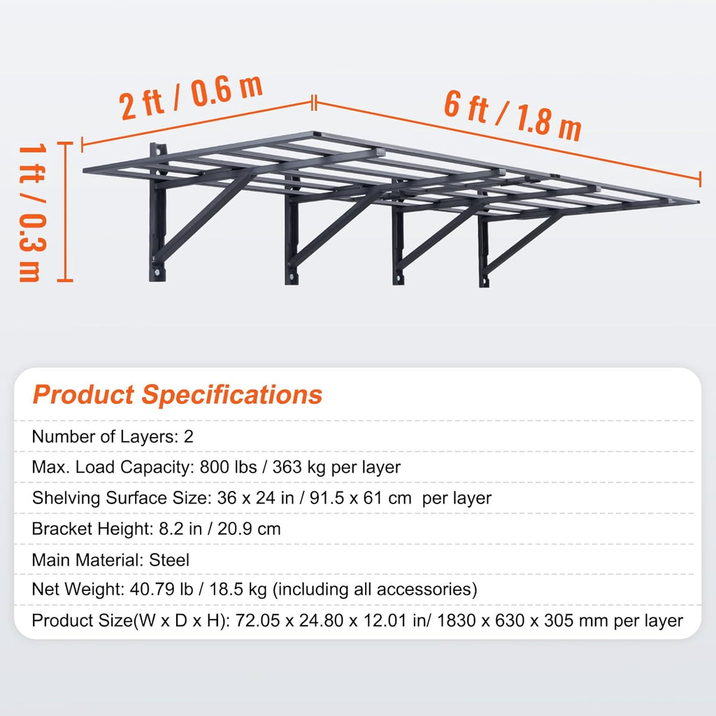 VEVOR Garage Shelving - Heavy Duty Wall Mounted Storage Rack | 2 x 6 Ft, 1600 Lbs Capacity, 2 Pack