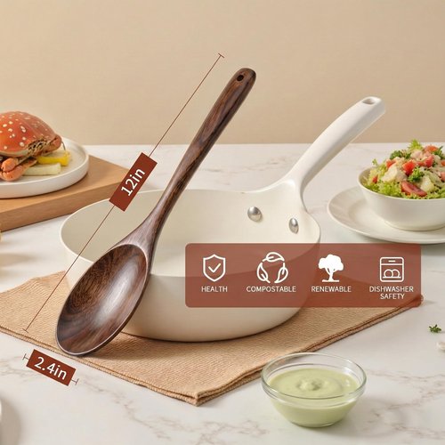 AERZIP 12 Inch Wooden Cooking Spoons, Long Handle Wooden Spoons, Heat Resistant, Large Wood Spoon for Cooking Serving Mixing Salads and Nonstick Cookware (2 PCS)