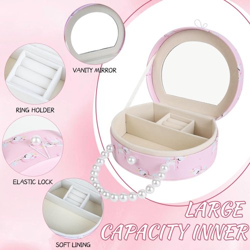 Velachuan Princess Jewelry Box for Girls with Hair Accessories,Girls Hair Clips Bows Set, Fashion Hair Styling Kit with Mirror,Pink Sparkle Trinket Box Includes Hair Clips (Ribbon)