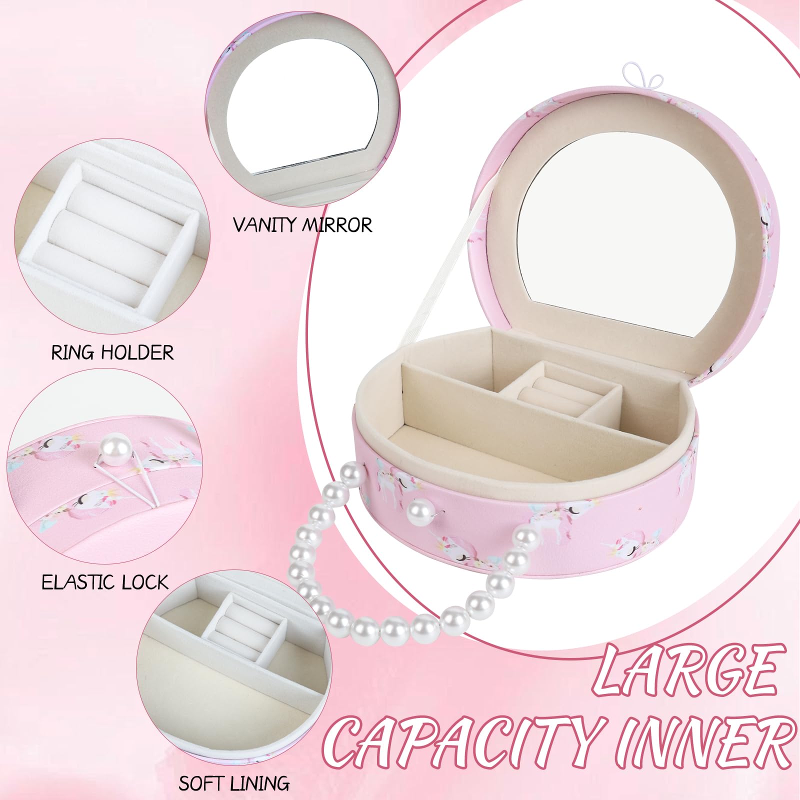 velachuan Princess Jewelry Box for Girls with Hair Accessories,Girls Hair Clips Bows Set, Fashion Hair Styling Kit with Mirror,Pink Sparkle Trinket Box Includes Hair Clips (Ribbon)