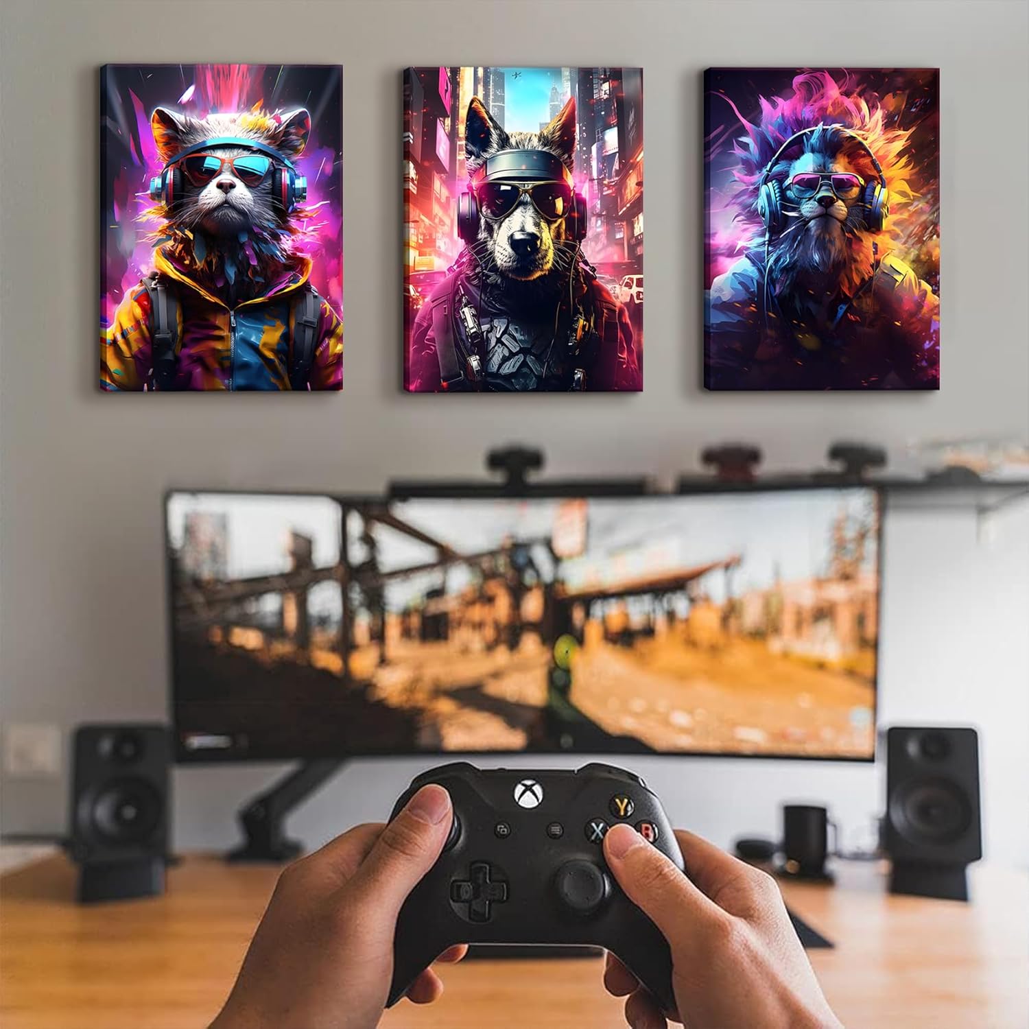 QGNBGBJ Framed Gaming Posters - Colorful Graffiti Animal Wall Art | Watercolor Cat, Dog & Lion Prints (12x16in)