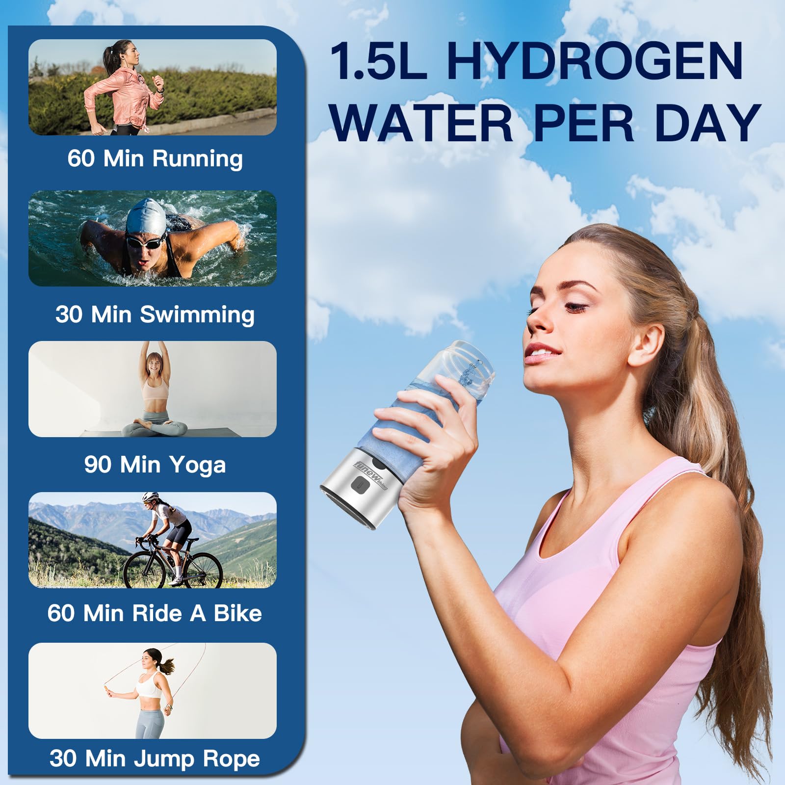 Hydrogen Water Bottle Generator, 2500ppb Portable Water Ionizer Machine with SPE/PEM Technology in 3-Minute Electrolysis, Rechargeable Hydrogen Rich Glass Cup for Home Office Travel & Fitness