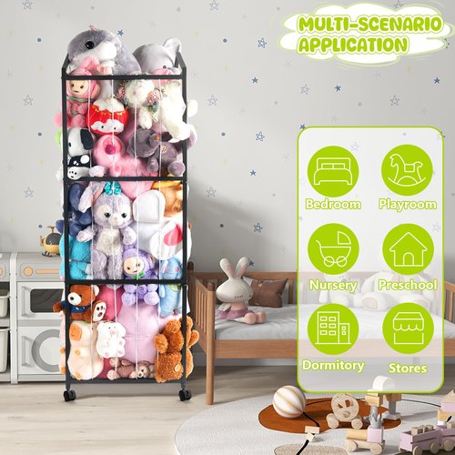 NomNest Stuffed Animal Storage Plushies Storage, Toy Storage Organizer Giant Stuffed Animal Zoo Holder, Sturdy Metal Toy Shelf Teddy Bear Storage Bedroom Organization ( Wheeled, Black)