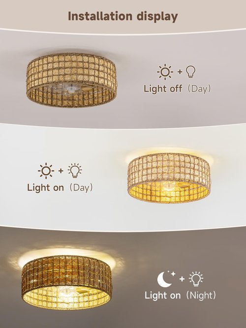 Rattan fandelier Ceiling Fans with Lights, Fandelier Chandelier Ceiling Fan and Remote,Boho,Flush Mount,Low Profile,for Bedroom,Living Room,(25.5 Inch,6 Speed (0263/Boho Ceiling Fans)