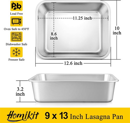 Homikit Lasagna Pan Set - 3 Inch Deep 9x13 Stainless Steel Baking Dish | Heavy-Duty, Rustproof & Dishwasher Safe