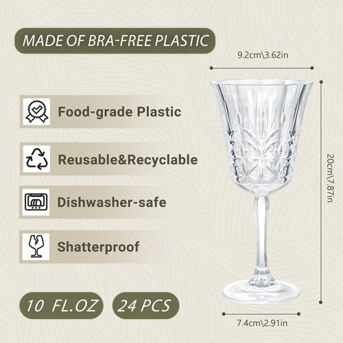 LEYIQU Plastic Wine Glasses 10oz Vintage Goblets Unbreakable Reusable BPA-Free Stemmed Drinking Glasses for Easter Parties, Weddings & Events Leaf-Patterned (Set of 24, Clear)