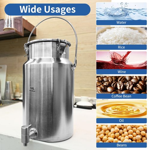 SWRONP 2.6 Gallon Water Dispenser,10L Water Jug304 Stainless Steel Milk Can with Spigot,Airtight Food Storage Bucket,Leak-proof Liquid Storage Container with Tight Lid and Long Swivel Handle,Oil Pail