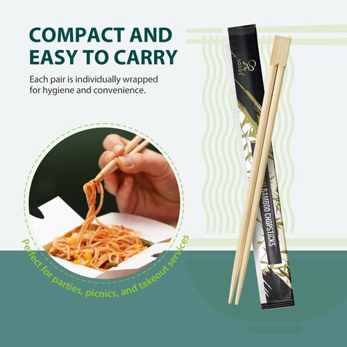 Soeos 100 Disposable Chopsticks Bulk - Natural Wooden Chopsticks & Bamboo Chopstick for Sushi, Takeout, Party - Splinter-Free, Individually Wrapped Single-Use Chopstick (Approx.100 Pairs)