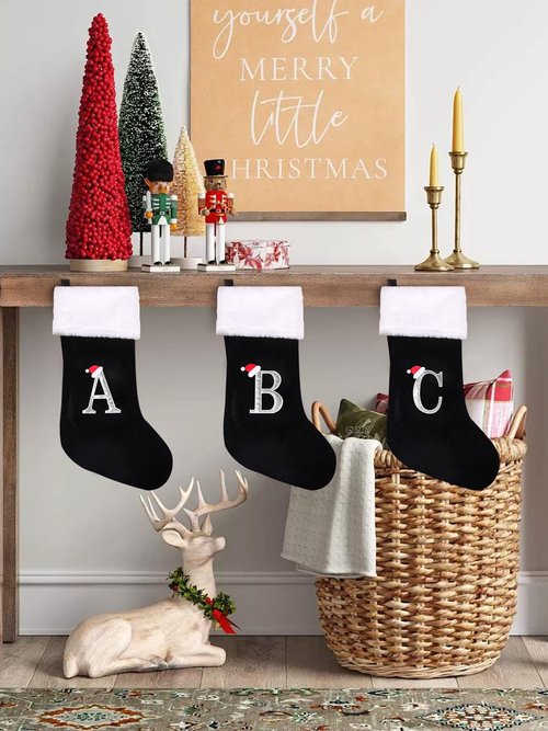 jargebur 20 Inches Initial Monogram Christmas Stocking Personalized,Deluxe Black Velvet Body with Super Soft Plush Cuff Embroidered Letter,Holiday Season Decor (Black, Letter A)