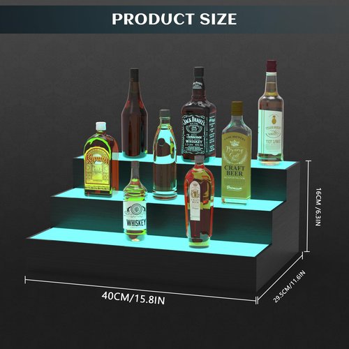 upcessory LED Lighted Liquor Bottle Display Shelf, 3 Tier 16 Inch Alcohol Whiskey Wood Rack Stand Tray for Home Bar Living Room Accessories and Decor, Bourbon Shelf for 12 Bottles