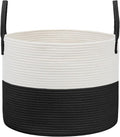 JMvicyroam Extra Large Blanket Basket - Woven Cotton Rope Laundry Hamper with Reinforced Handles | White & Black