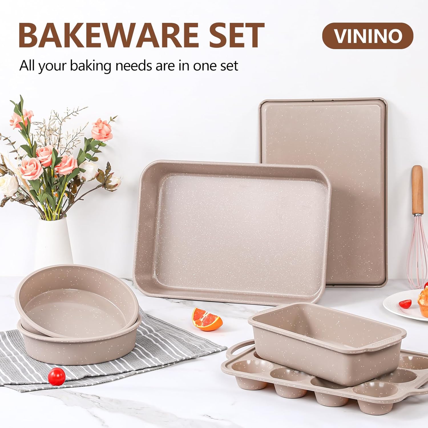 Vinino Nonstick 6-Piece Baking Pans Set - Silicone Muffin, Loaf & Cake Pans with Metal Reinforcement | Carbon Steel Roasting Pan & Cookie Sheet