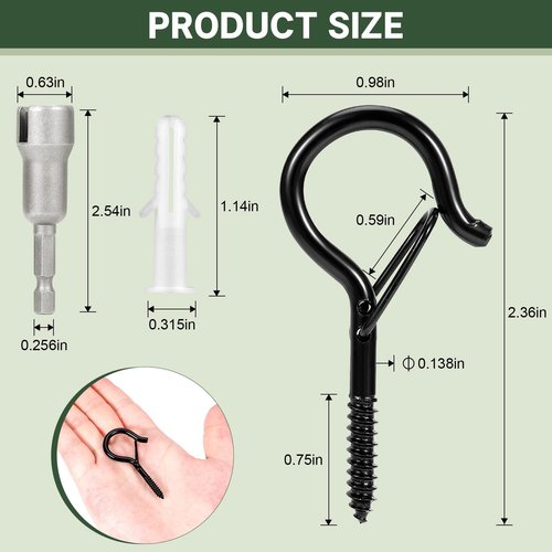 InPoTo 12PCS Q Hanger Hooks with Safety Buckle, Windproof Screw Hooks, Outdoor String Lights, Plants, Christmas Lights, Patio Lights Use, 2.2 Inches, Black with 1 Wing Nut Driver