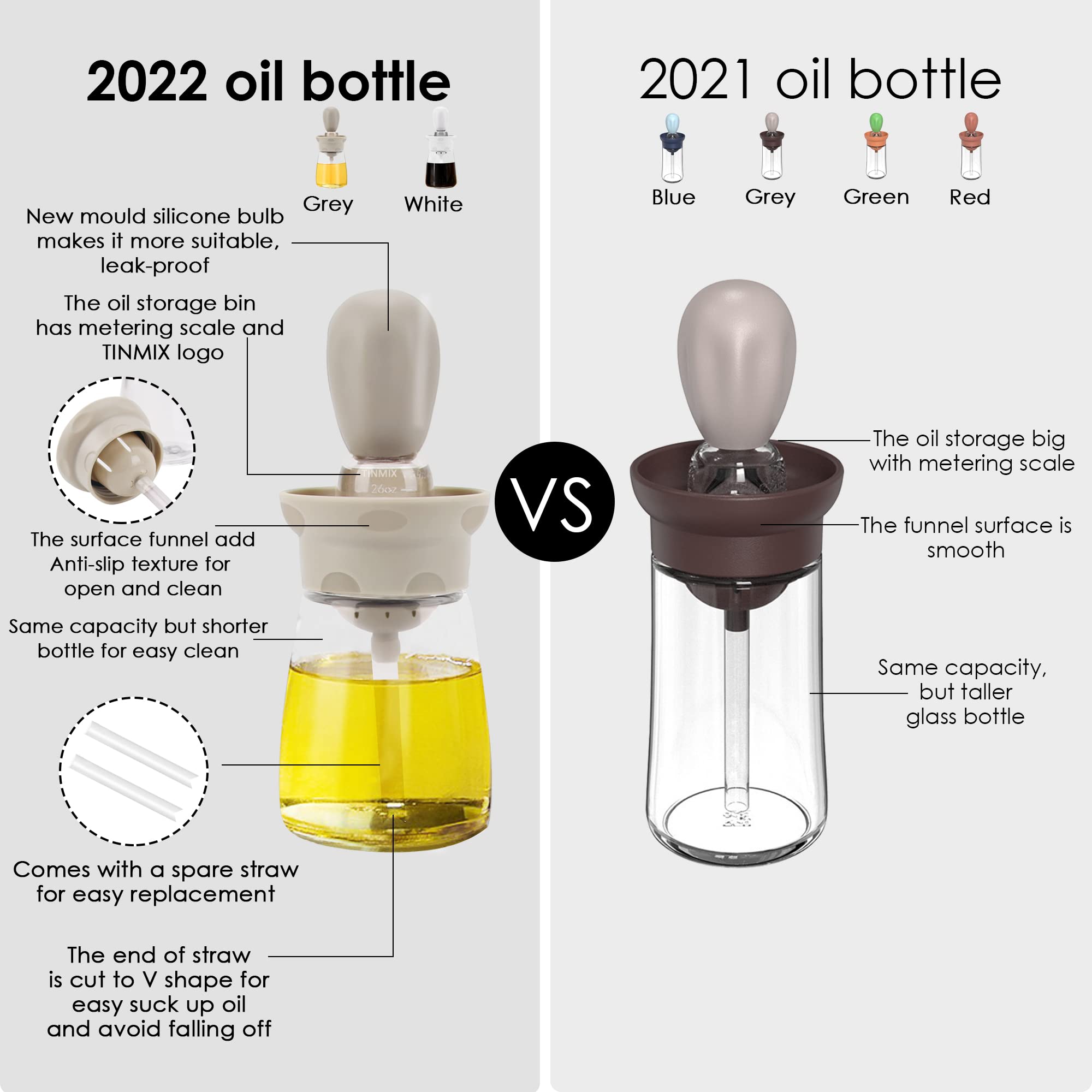 Oil Dispenser Bottle with Brush - 2 IN 1 Glass Olive Oil Storage and Container with Silicone Basting Brush for Kitchen BBQ Grilling Baking and Cooking, T-OB22, Grey