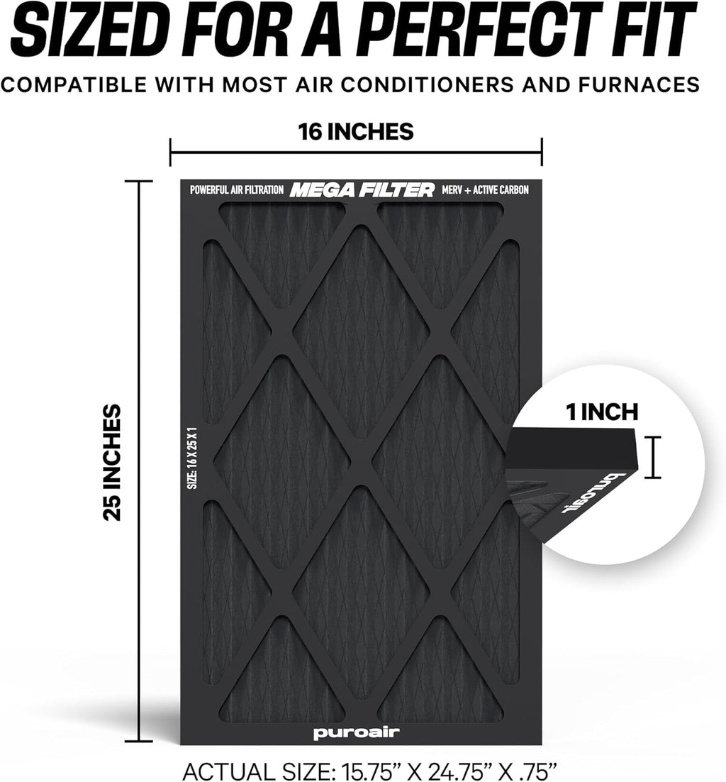 PuroAir MegaFilter - MERV 13 Activated Carbon Air Filter | Heavy Duty 16x25x1 for Allergens & Odors