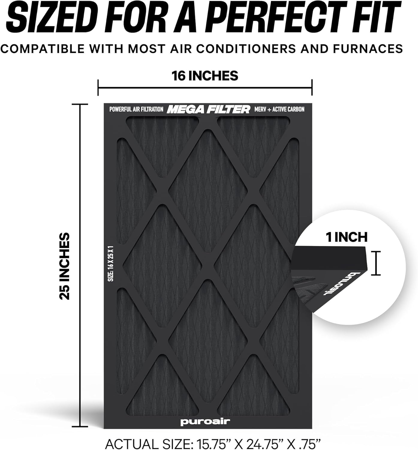 PuroAir MegaFilter - MERV 13 Activated Carbon Air Filter | Heavy Duty 16x25x1 for Allergens & Odors
