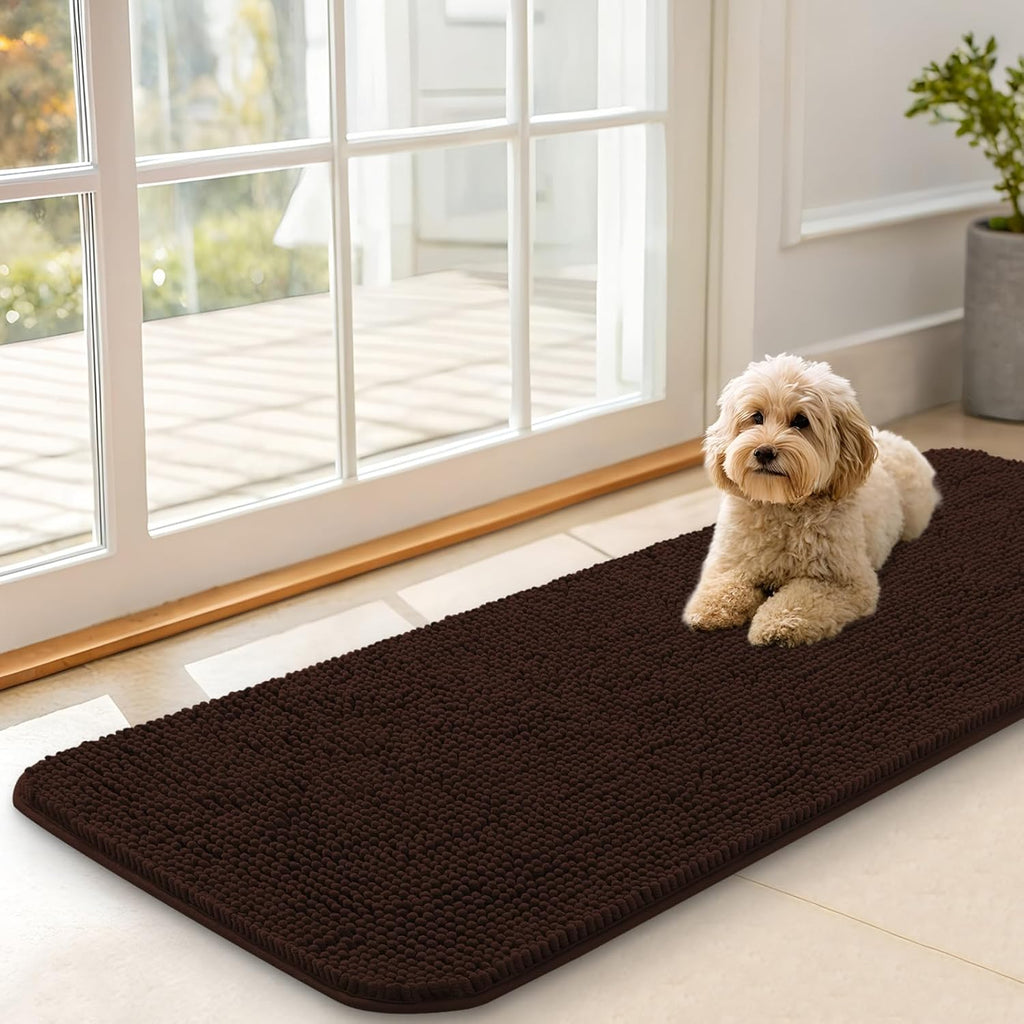OLANLY Dog Door Mat - Absorbent Non-Slip Mud Mat for Indoor Use | Quick-Dry Chenille, 47x17, Brown