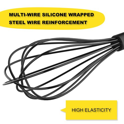 NileHome Silicone Whisk Set 8" 10" 12" Kitchen Whisk Kitchen Wisk Wire Whisks for Cooking, Whisking, Blending, Beating, Stirring-Black 3 Pack