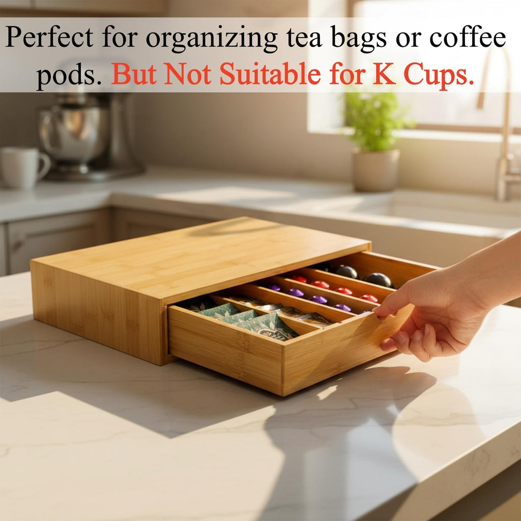 Peohud Bamboo Tea Bag Organizer, Tea Bag Storage Box for Countertop with Removable Divider Drawer, Functional Coffee Pod Holder for Kitchen, Office, Coffee Station, Tableware, Cosmetics