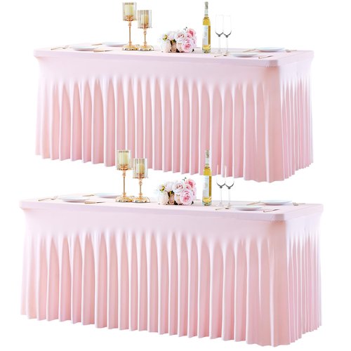 gogoparti 2 Pack Spandex Pink Fitted Table Cloth for 8ft Rectangle Tables Pink Stretch Tablecloth Table Covers Skirt Banquet Tablecloths Wrinkle Free Tablecloth for Parties Wedding