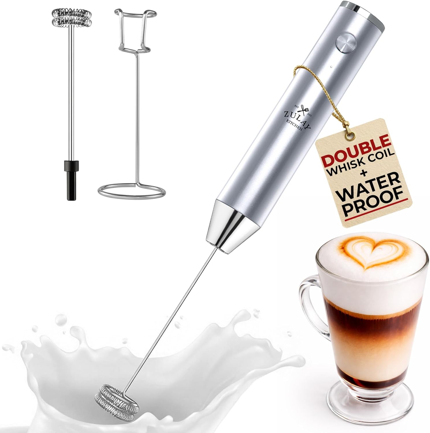 Zulay Kitchen Rechargeable Milk Frother - Powerful 2-Speed Motor, Waterproof, 2000mAh Battery | Perfect for Latte, Cappuccino, Matcha & Protein Drinks - Pure Silver