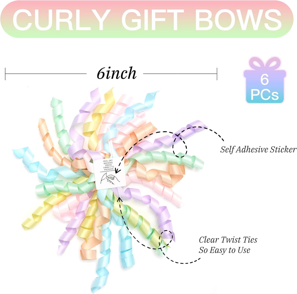 Skiennix 6-Inch Pastel Curly Gift Bows - Self-Adhesive Rainbow Set of 6 for Birthdays, Weddings & Holidays