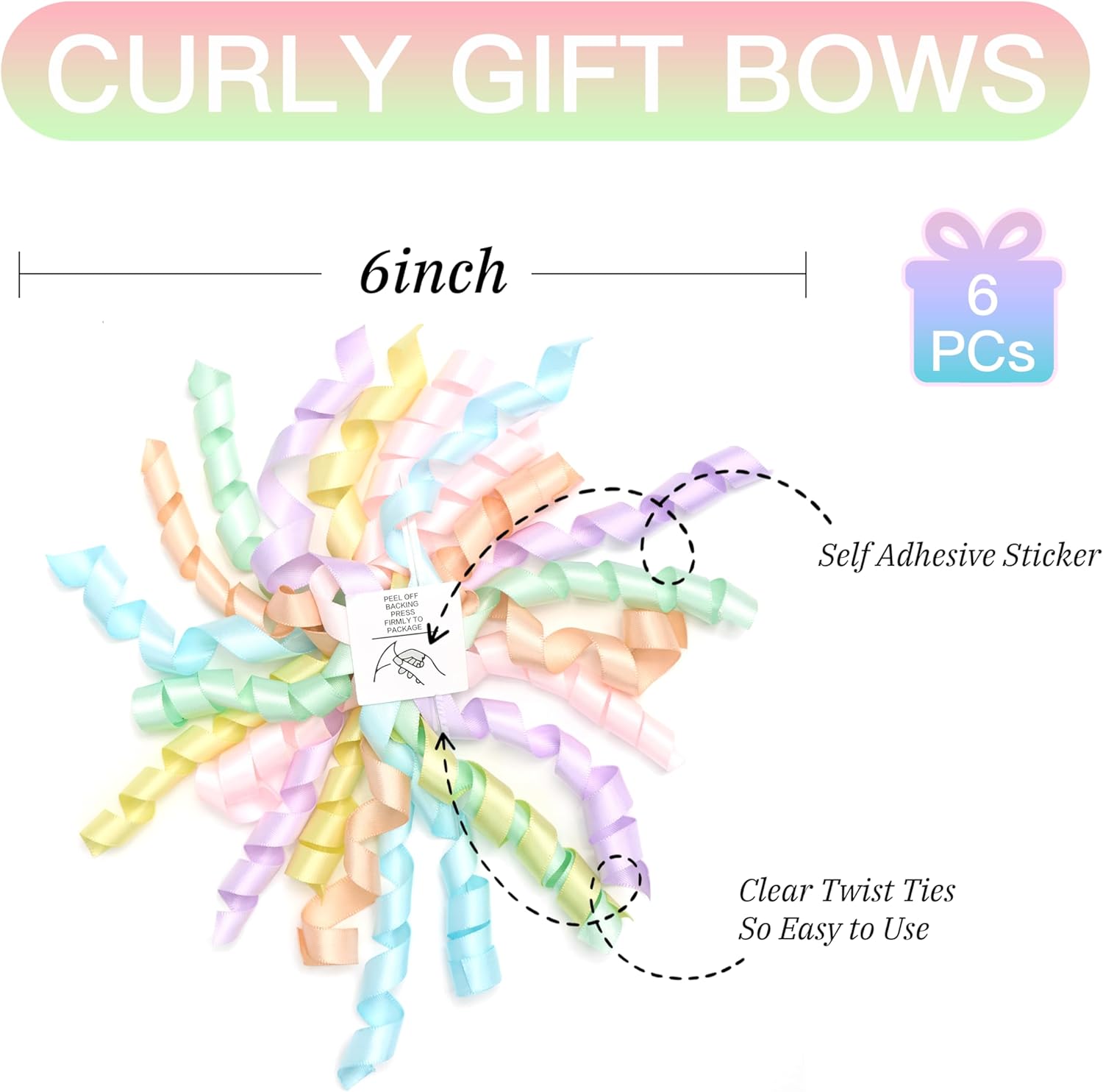 Skiennix 6-Inch Pastel Curly Gift Bows - Self-Adhesive Rainbow Set of 6 for Birthdays, Weddings & Holidays