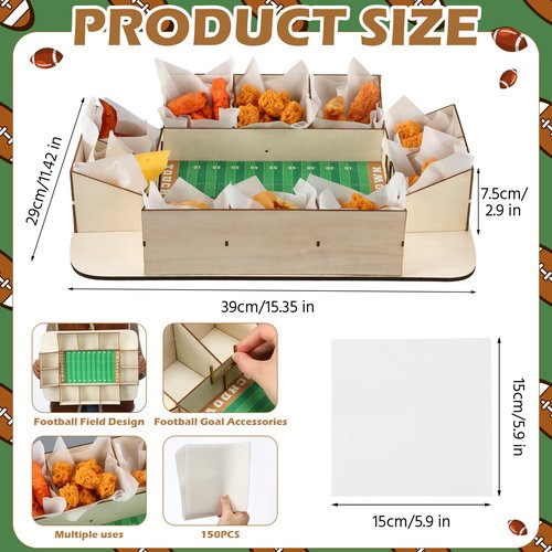 FoldTier Football Charcuterie Board Reusable Wooden Football Stadium Food Tray Sport Party Supplies Kit 50 Pcs Oil-Proof Paper Snack Food Serving Tray for Tailgate Sport Party Table Decorations