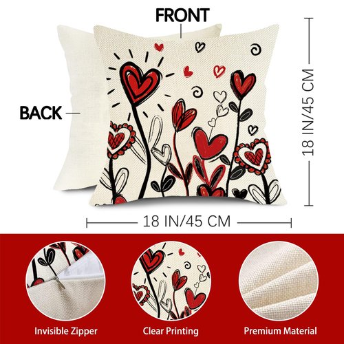 Fjfz Valentines Day Decorative Throw Pillow Covers 18 x 18 Set of 2, Red Love Hearts Porch Outdoor Home Decor, Anniversary Wedding Sofa Couch Cushion Case