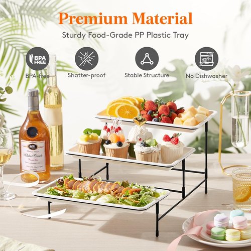 Lifewit 3-Tier Serving Tray - White Plastic Dessert Display Stand with Black Metal Frame | 30 x 17 cm
