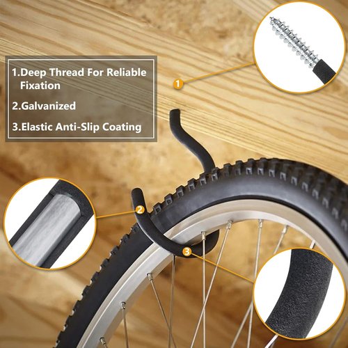 KURUI Heavy-Duty Bicycle Hangers - 6 Pack Wall Mount Hooks for Garage Storage | No Drill Design
