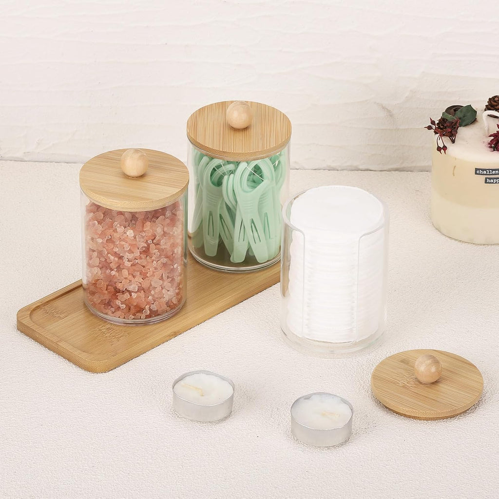 Tbestmax Qtip Holder Set - 10 oz Clear Apothecary Jar with Bamboo Lids | 3 Pack Cotton Swab Dispenser