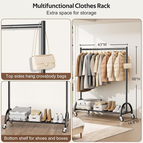 MISSLO Heavy Duty Clothing Rack - Rolling Garment Rack with Wheels for Coats & Dresses | Black