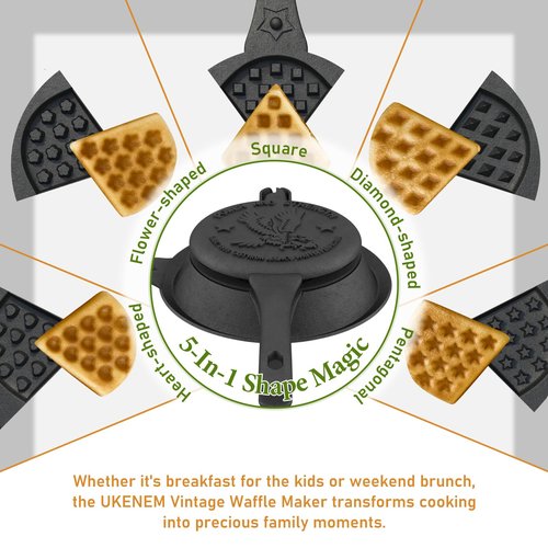 Cast Iron Waffle Maker with Low Base, Retro Waffle Iron with Five Waffles Shapes, Pre-Seasoned Two Piece Hinged Non-Drip Double Rim for Stove Top or Grill Makes (Waffle Irons-1)