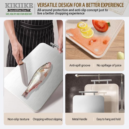 Titanium Cutting Board Double Sided Pure Titanium Cutting Boards for Kitchen, Pure titanium & Wheat Straw PP Food Grade metal chopping boards Easy to Clean Large Size