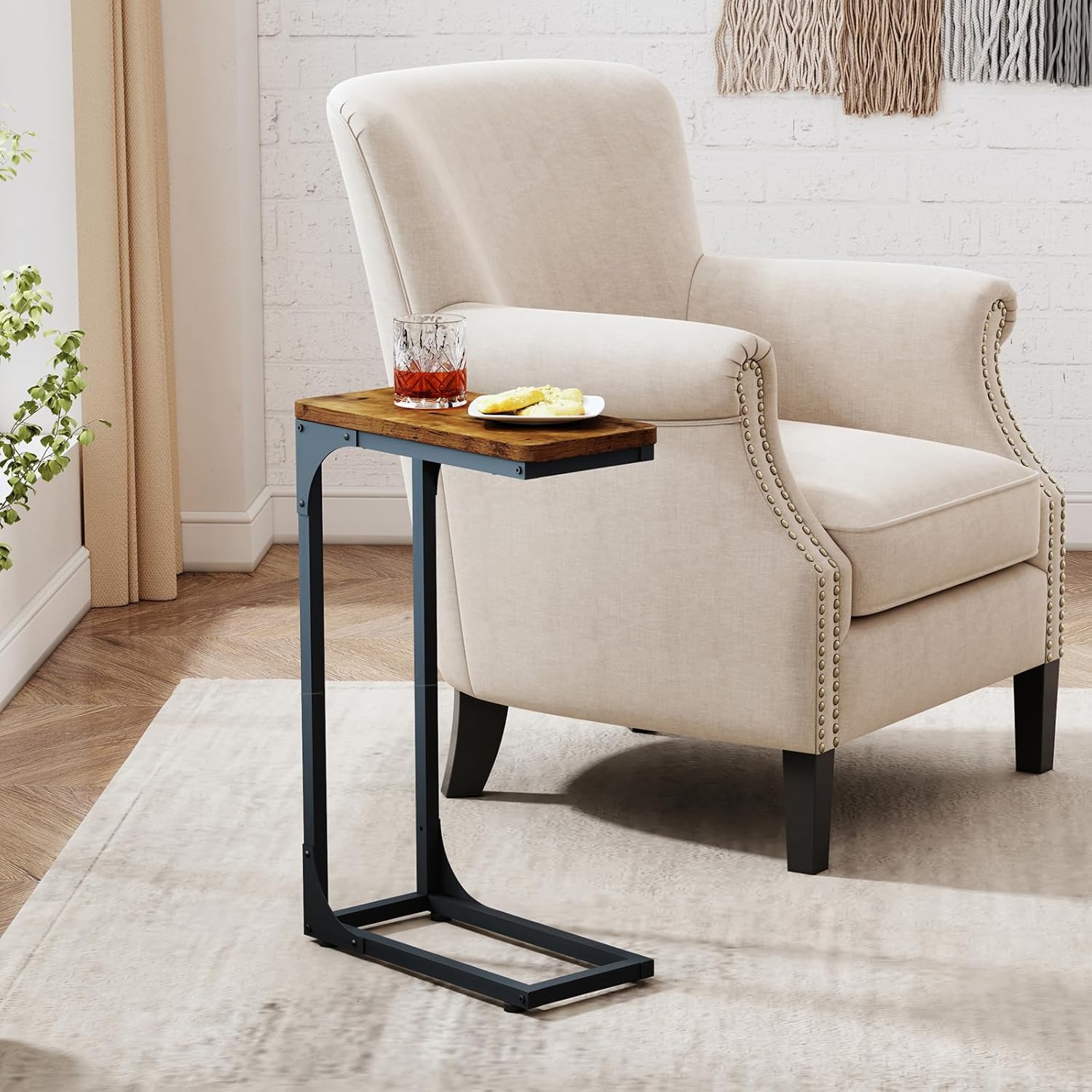 QEEIG Narrow C Shaped Side Table Set of 2 - Slim Couch Tray Tables in Rustic Brown | 7-Inch Width