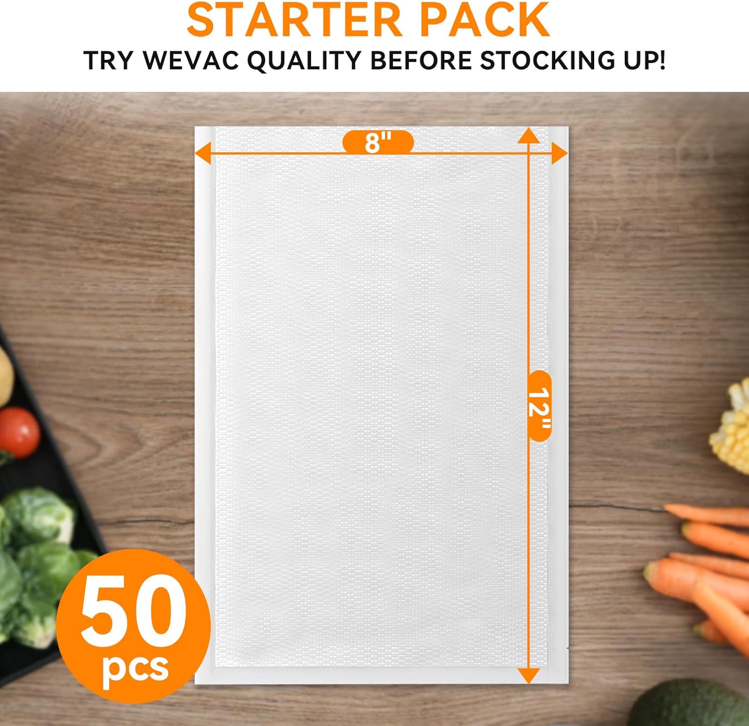 Wevac Vacuum Sealer Bags - Heavy-Duty 50 Count (8" x 12") BPA-Free Food Storage, Puncture-Resistant & Freezer Safe