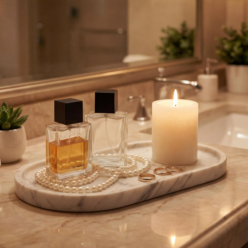 YKAJO 11.6" x 5.9" Oval Real Marble Tray for Bathroom & Kitchen Counter — 100% Natural Stone Decorative Vanity Tray for Dresser & Perfume — Heavy Catchall Organizer for Soap & Jewelry, White Gray