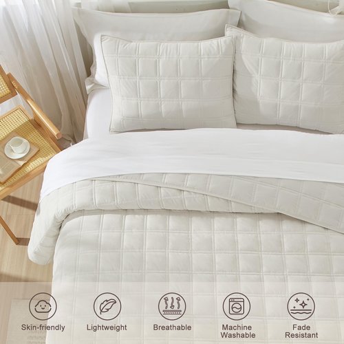 Wondnuga Velvet Quilt Set King Quilt, Lightweight Soft King Comforter Set, Bedspread Coverlet with 2 Matching Pillow Shams, Velvet Comforter Bedding Set for All Season (Cream White, Checkered)